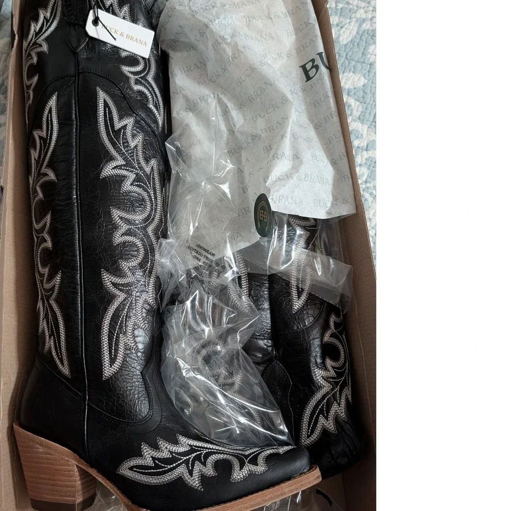 Buck & Brana Julia Black Leather Over The Knee Western Embroidered Boots 8.5 NEW